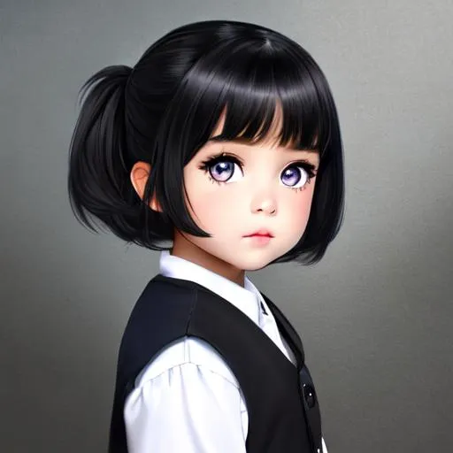 Prompt: little girl with black hair and big hazel eye and one dark blue eye, darker colors
