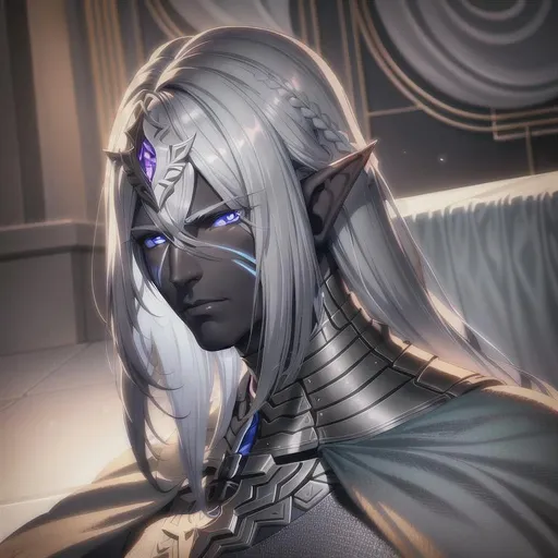 Prompt: Full body portrait of a Male Drow elf, dark skin, drow skin, smooth soft skin, detailed face, hi res face, big sharp eyes, beautiful intricate colored hair, White hair, Fantasy Character, Paladin, symmetrical, soft lighting, detailed face, concept art, digital painting, looking into camera.