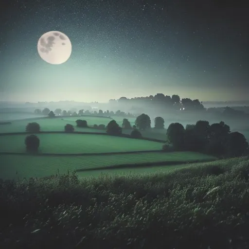 Prompt: misty english countryside by night
of fullmoon with dark and mysterious tone