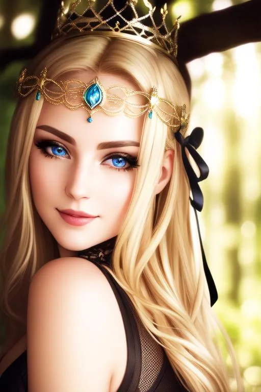 Prompt: cinematic shot of gorgeous blonde lady(beautiful eyes, detailed face, smiling) wearing mesh clothes with laces, soft light on face, wearing a crown, in forest, hair tied using ribbon, eye contact, realistic
