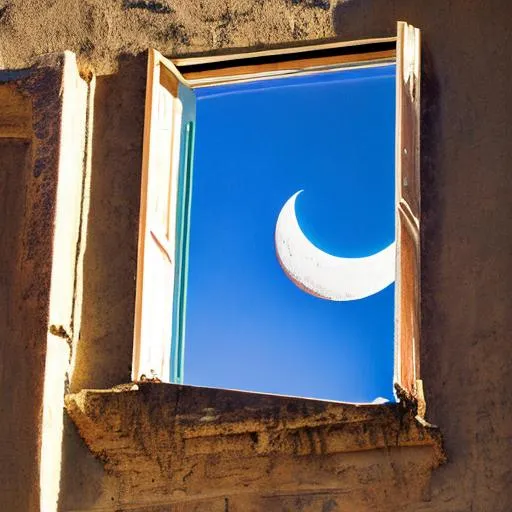 Prompt: thin crescent moon in a daytime sky through a window with shutters