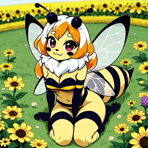 Prompt: A furry style bee humanoid hybrid anthropomorphic (bumblebee insect queen) in a field of flowers, mix humanoid basic form with distinctive bumblebee features to create a cute and beautiful creature.