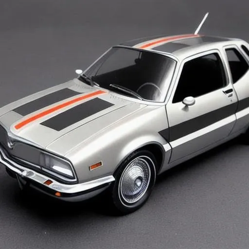 Prompt: AMC Pacer car, metallic silver with pin stripes, realistic, highly detailed, centered, no cropping, high contrast