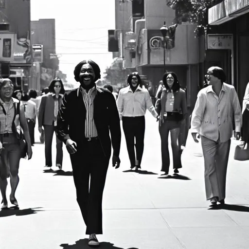 Prompt: A man walking so happy on a street in downtown. The city is in 1970s. Everybody is looking at him.