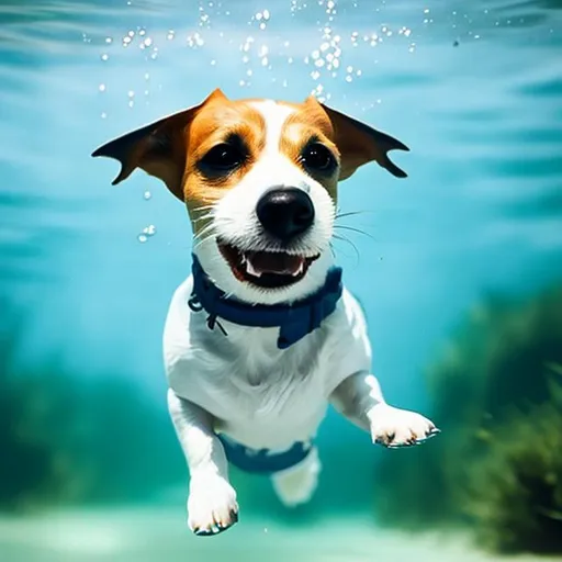 Prompt: Short haired jack russel swiming under water