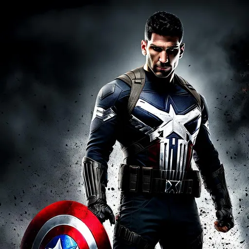 Prompt: High-resolution hyperrealistic photo of {the punisher} [[frank castle]] merged with captain america {{steve rogers}}, skull logo, black and crimson and grey costume, uhd, hdr, 64k