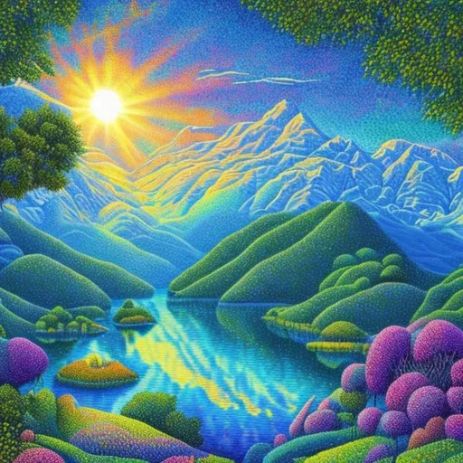 Prompt: Creation in Genesis, trees, sky, water. Mountains, animals, pointillism, brightly colored, highly detailed, 4K