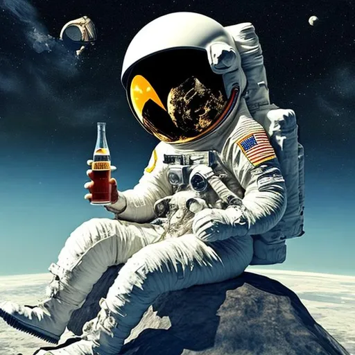 Astronaut sitting in moon holding a beer and watchin... | OpenArt