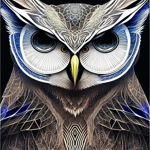 Prompt: godly wise owl fractal mandala, psychedelic style, simple 2d vector geometric, cutout shape, blueprint frame lines sharp edges, svg vector style, cyberpunk night asthetic, product studio shoot, by artgerm, Greg rutkowski