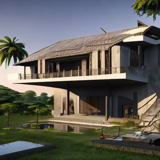 Prompt: modern design of beautiful detailed family house with a roof and intricate and artistic congolese rare minerals details with elements of precolonial Congolese inspiration kinshasa, on a sunny day , volumetric natural light, cinematic light, ultra realistic, vray, far view, perspective landscape