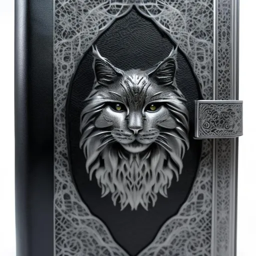 Prompt: A dark leather book cover with an etched Maine Coon figure in silver filigree.