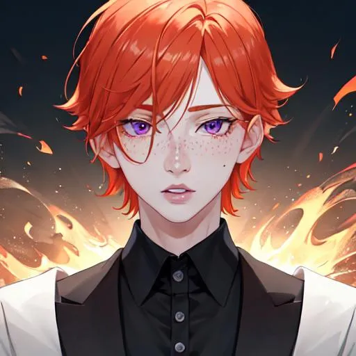 Prompt: Erikku male (short ginger hair, freckles, right eye blue left eye purple) UHD, 8K, Highly detailed, insane detail, best quality, high quality. As the godfather, mafia