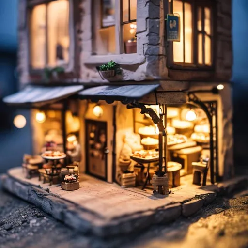 Prompt: Tiny wooden bakery, tiny people, stone oven, busy customers at night 