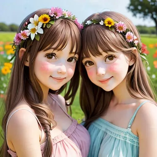 Prompt: two  cute girls, flowers in hair, surrounded by flowers
