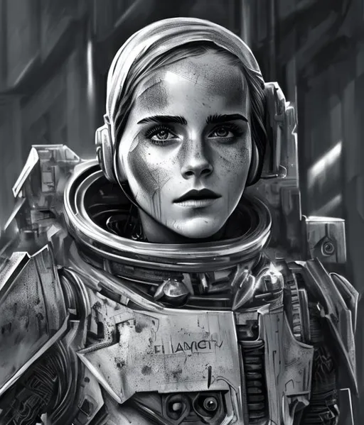 Prompt: monochrome, emma watson, detailed face, hijab, skinny, thin, starving, anorexic, maul geometric face paint, astronaut power armor, scifi, futuristic