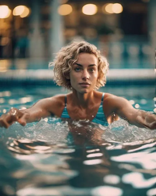 Prompt: Photo
cinematic photo .Beautiful well built woman, dirty blonde hair, curly short hair, skinny dipping in a swimming pool, 
35mm photograph, film, bokeh,
professional, 4k, highly detailed