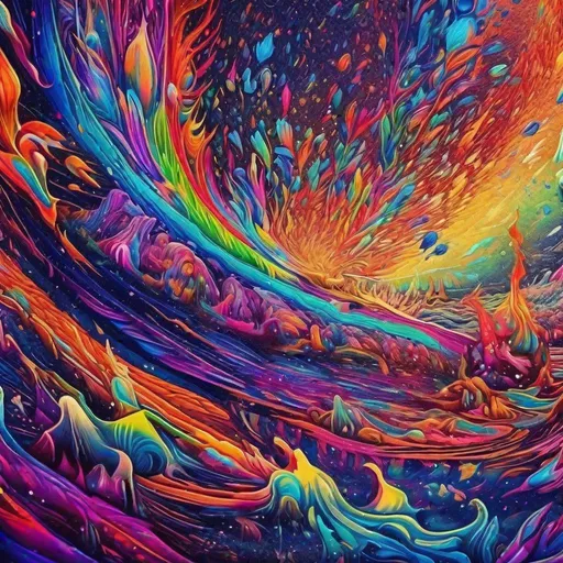 Prompt: "Quaternity rainbow iridescent psychedelic art 8k resolution holographic astral cosmic illustration mixed media by Pablo Amaringo bold strokes melting acrylic splash art trending on deviant art"