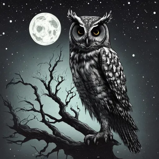 Prompt: An owl sitting on the branch of a dead tree in the night