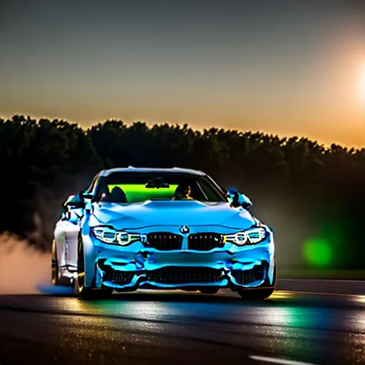 Prompt: photorealistic, 8K, hiperrealistic, cinematich lightitng, white tuned BMW M-4 drifting, half-sideways view, different front and rear rims, green smoke from rear tyre, night, bright moon, green headlights turned on, mirroring, beautiful light shader
