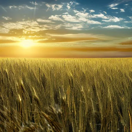 Prompt: uhd, hyper realistic sun in a jealous sky over golden fields of barley waving gently in the wind