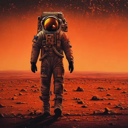 Prompt: an astronaut walking in mars in cyberpunk style, encaustic
