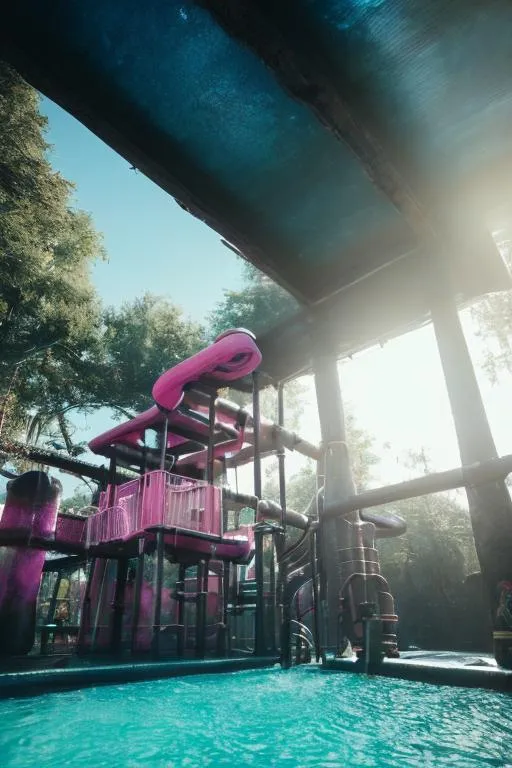 Prompt: Liminal space, eerie, water, indoor waterslide, playground equipment, indoor water park, abandoned, pink, creepy, dark lighting, grainy Polaroid photo, ultra detailed, photorealistic, centered, aesthetic, popular on Etsy, feminine