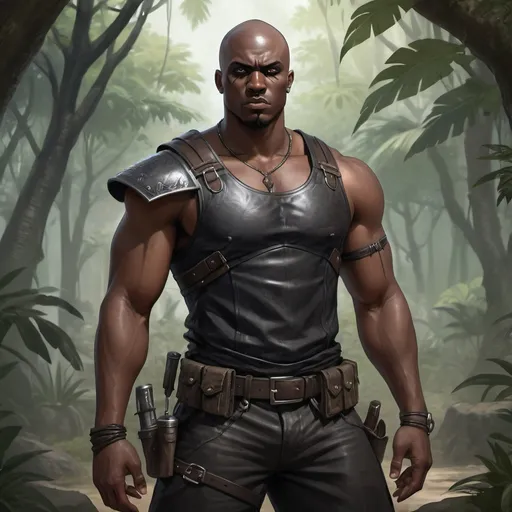 Prompt: Full body, Fantasy illustration of a male black bouncer, 25 years old, black skin, dark complexion, bald head, wornout leather armor, aggressive expression, high quality, rpg-fantasy, jungle settlement