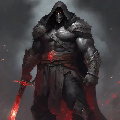 Prompt: Tall, Intimidating, Large, male, Solomon grundy/goliath DnD build, black hair,  very dark grey scarred skin, covered in bandages, dark tattered cloth armor exposes his midriff, hood with mask of magical darkness that covers entire face completely, large red gem between pecs in chest, Path of the Zealot Barbarian, Strong, use large two-handed great-axe