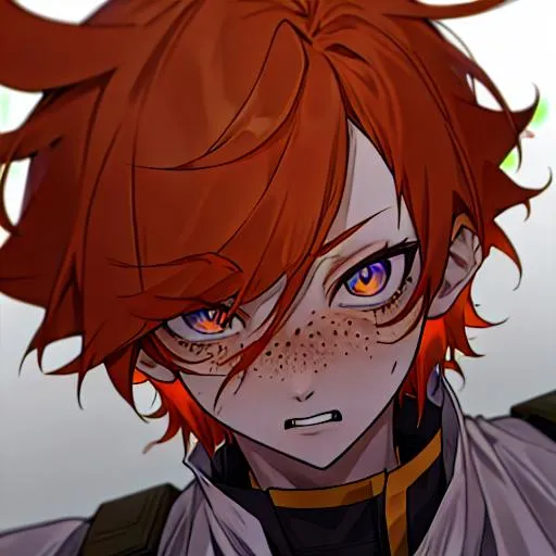 Prompt: Erikku male adult (short ginger hair, freckles, right eye blue left eye purple) UHD, 8K, Highly detailed, insane detail, best quality, high quality,