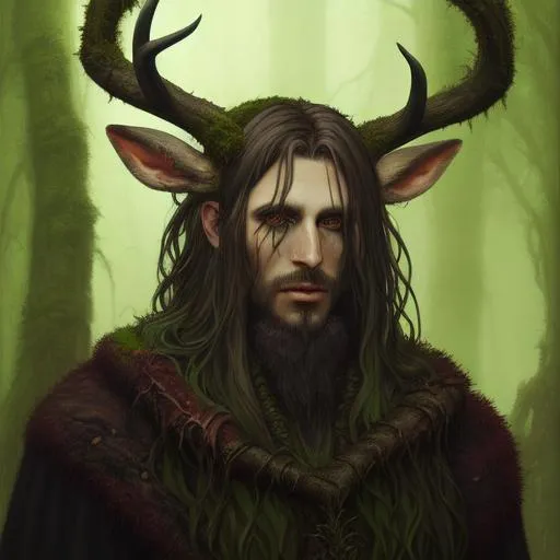 Prompt: corrupted swamp male druid, deer horns, moss cloak, oil painting, portrait, 