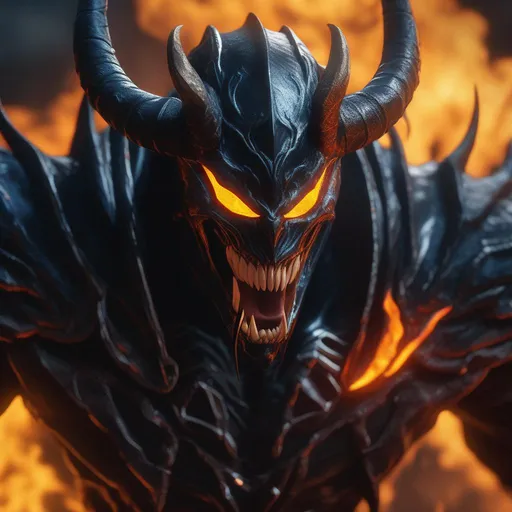 Prompt: a death knight with a Venom mouth (Venom movie), with horns forward on his forehead, orange fire eyes, Hyperrealistic, sharp focus, Professional, UHD, HDR, 8K, Render, electronic, dramatic, vivid, pressure, stress, nervous vibe, loud, tension, traumatic, dark, cataclysmic, violent, fighting, Epic