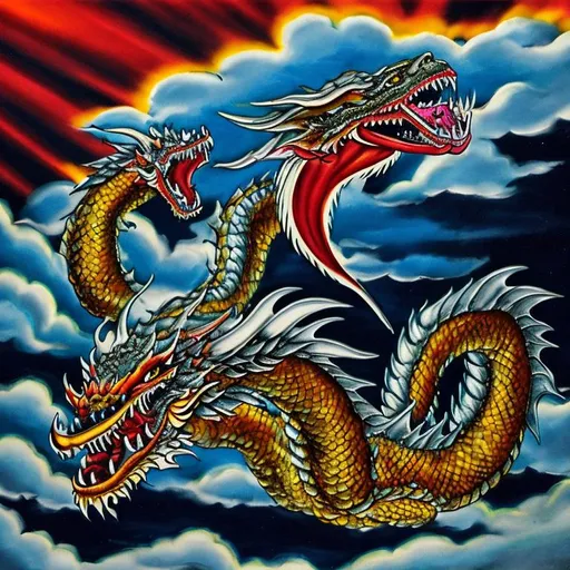 Prompt: a majestic detailed dragon, fire coming out of jaw well detailed, well polished and surreal sky highly detailed, in the style of leonard hale