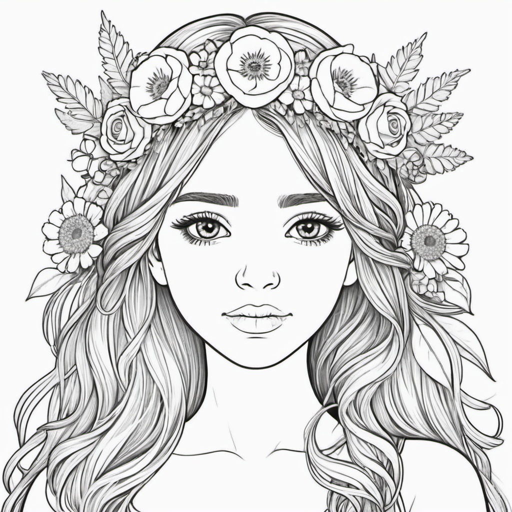 beutiful girl with flowers crown coloring page