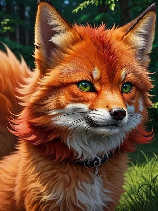 Prompt: masterpiece, professional oil painting, epic digital art, 64k, best quality, tiny scarlet ((fox kit)), (canine quadruped), fire elemental, silky golden-red fur, highly detailed fur, timid, ((insanely detailed alert emerald green eyes, sharp focus eyes)), sharp details, gorgeous 8k eyes, insanely beautiful, extremely beautiful, fluffy glistening gold neck ruff, energetic, two tails, (plump), fluffy chest, enchanted, magical, finely detailed fur, hyper detailed fur, (soft silky insanely detailed fur), presenting magical jewel, beaming sunlight, lying in flowery meadow, professional, symmetric, golden ratio, unreal engine, depth, volumetric lighting, rich oil medium, (brilliant dawn), full body focus, beautifully detailed background, cinematic, 64K, UHD, intricate detail, high quality, high detail, masterpiece, intricate facial detail, high quality, detailed face, intricate quality, intricate eye detail, highly detailed, high resolution scan, intricate detailed, highly detailed face, very detailed, high resolution