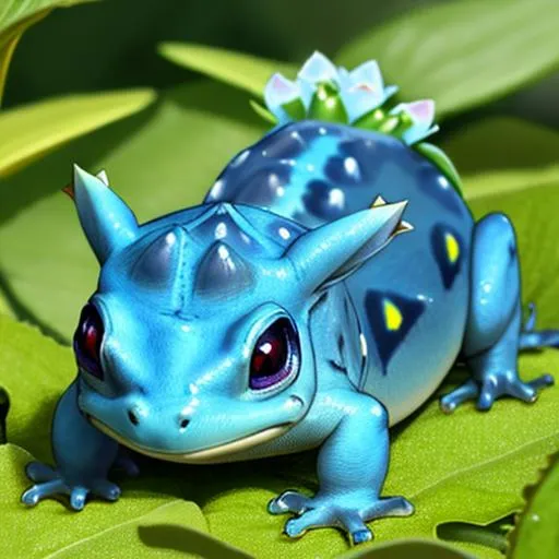 Prompt: HD, High Quality, 5K, Anime, Bulbasaur, small blue-green quadrupedal amphibian, green plant bulb on back,  blue skin with darker patches, It has red eyes with white pupils, pointed, ear-like structures on top of its head, and a short, blunt snout with a wide mouth, A pair of small, pointed teeth are visible in the upper jaw when its mouth is open, Each of its thick legs ends with three sharp claws, On Bulbasaur's back is a bright green circular plant bulb that conceals two slender, tentacle-like vines, which is grown from a seed planted there at birth, The bulb also provides it with energy through photosynthesis as well as from the nutrient-rich seeds contained within, forest, Pokémon by Frank Frazetta