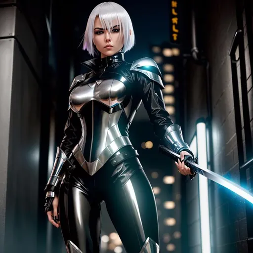 Prompt: Create a high-quality professional image of a young assassin woman with short vivid platinum hair, in a chrome and black futuristic skinsuit. Her legs slightly apart, holds a bloody katana in a threatening manner, in a very dark alley. She has a stern look.

The image should be realistic and detailed, with vivid colors and sharp contrasts.
The woman should have short vivid platinum hair, cybernetic eyes, and a large scar that runs over the bridge of her nose. She should wear a chrome and black futuristic skinsuit with a lot of details. Her katana should be covered in blood. The alley should not have any lights. The scene is only lit from from the street behind the young woman. The lights from the street are in shade of white and light blue. By night time, but the sky isn't visible, covered by tall buildings.
 
heavenly beauty, 8k, 50mm, f/1. 4, high detail, sharp focus, perfect anatomy, highly detailed, detailed and high quality background, oil painting, digital painting, Trending on artstation, UHD, 128K, quality, Big Eyes, artgerm, highest quality stylized character concept masterpiece, award winning digital 3d, hyper-realistic, intricate, 128K, UHD, HDR, image of a gorgeous, beautiful, dirty, highly detailed face, hyper-realistic facial features, cinematic 3D volumetric, illustration by Marc Simonetti, Carne Griffiths, Conrad Roset, 3D anime girl, Full HD render + immense detail + dramatic lighting + well lit + fine | ultra - detailed realism, full body art, lighting, high - quality, engraved, ((photorealistic)), ((hyperrealistic))