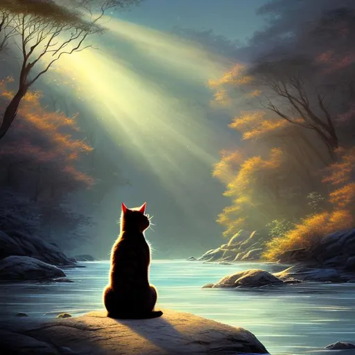 Prompt: cat setting by a river dramatic lighting portrait digital adorable special fanciful the chosen one japan style facing back