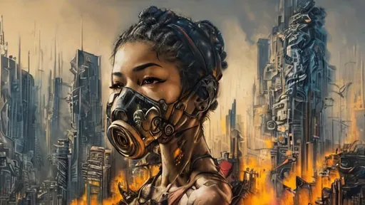 Prompt: Cyberpunk mechs, Riots in the streets, corporate corruption, cities burning, and a single flower in the chaos, tear gas, gas masks, pills, cash money