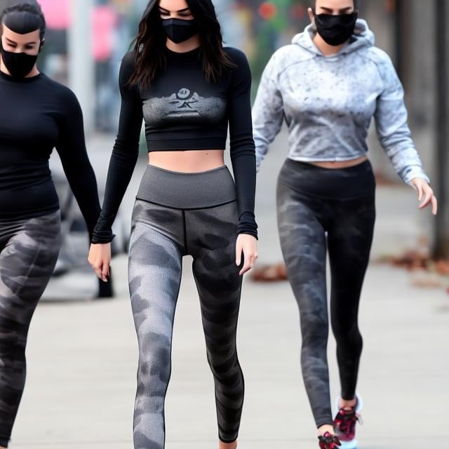 kendall jenner in dark grey and black camo yoga pant