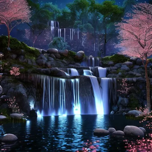 Prompt: sparkling waterfall at night surrounded by some cherry trees in a forest with fireflies