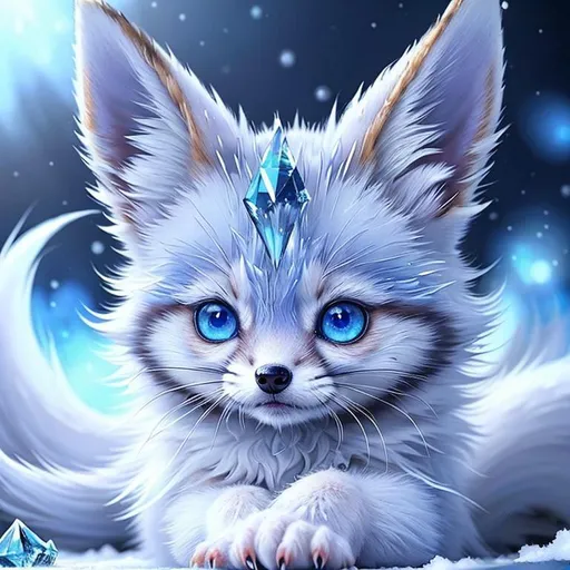 Prompt: (masterpiece, professional oil painting, epic digital art, best quality:1.5), insanely beautiful tiny ((fox kit)), (canine quadruped), ice elemental, silky silver-blue fur covered in frost, timid, ((insanely detailed alert crystal blue eyes, sharp focus eyes)), gorgeous 8k eyes, fluffy silver neck ruff covered in frost, two tails, (plump), fluffy chest, enchanted, magical, finely detailed fur, hyper detailed fur, (soft silky insanely detailed fur), presenting magical jewel, moonlight beaming through clouds, lying in frosted meadow, grassy field covered in frost, cool colors, professional, symmetric, golden ratio, unreal engine, depth, volumetric lighting, rich oil medium, (brilliant auroras), (ice storm), full body focus, beautifully detailed background, cinematic, 64K, UHD, intricate detail, high quality, high detail, masterpiece, intricate facial detail, high quality, detailed face, intricate quality, intricate eye detail, highly detailed, high resolution scan, intricate detailed, highly detailed face, very detailed, high resolution