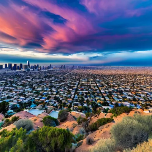 Prompt: long shot scenic professional photograph of {Los Angeles}, perfect viewpoint, highly detailed, wide-angle lens, hyper realistic, with dramatic sky, polarizing filter, natural lighting, vivid colors, everything in sharp focus, HDR, UHD, 64K