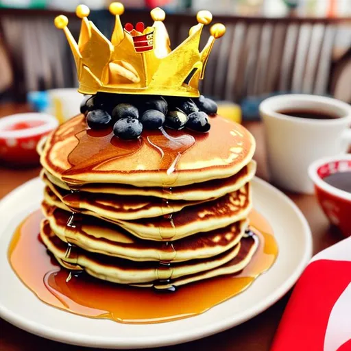 Prompt: a stack of pancakes with a crown and peruvian flag. he's the prince of perú, but made of pancakes