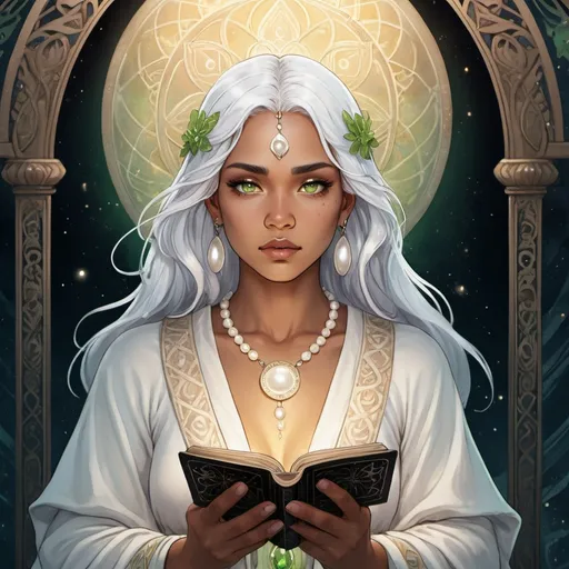 Prompt: tarot card anime illustration of an intuitive opalescent-haired bare chested Pacific Islander woman holding a prayer book, dressed like a priestess in a pearl white costume, dramatic lighting, she is calm, tarot card style, detailed peridot eyes, professional, highres, ultra-detailed, inner voice, dramatic lighting, ornate robes, priestess, calm gaze, mystical color palette, ornate details, mystical atmosphere