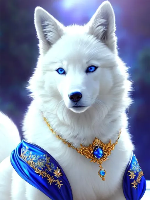 Prompt: 8k, UHD, masterpiece, best quality, trending on artstation, hyperrealistic, Portrait of a {beautiful Ninetales}, {canine quadruped}, crystal blue eyes, intricately detailed luxurious silky white-blue fur, small pointy ears with blue insides, wearing a beautiful {gold silky scarf with white embroidery}, in an (enchanted fantasy purple mountain peak), auroras foll the night sky, dim soft light, psychedelic colors, nine beautiful tails white tips, silky white mane, frosted fur, ice drops on fur, studio lighting, sharp focus, intricately detailed fur, brilliant detailed eyes, beautifully detailed face, centered face, beautifully detailed background, insanely beautiful, symmetric, perfect composition, sharp focus, unreal engine, intricately detailed mouth and teeth, by Yuino Chiri