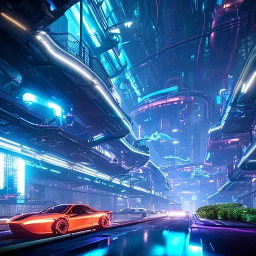Prompt: Under world cyber punk city with submarine cars every where, bright buildings