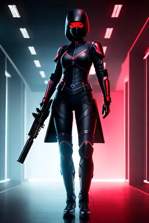 Prompt: Girl with dark short hairs, black eyes, cyberninja in dark armor, standing with gun in red room