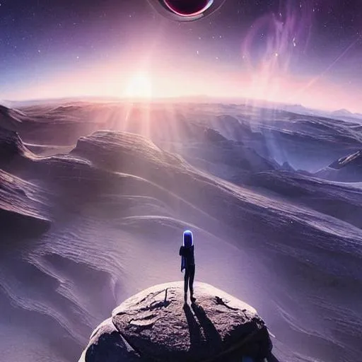Prompt: long shot scenic professional photograph of {Human living in another planet in distant galaxy}, perfect viewpoint, highly detailed, wide-angle lens, hyper realistic, with dramatic sky, polarizing filter, natural lighting, vivid colors, everything in sharp focus, HDR, UHD, 64K