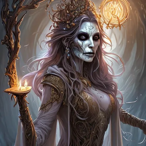 Prompt: Full body splash art portrait of a beautiful female undead sorceress casting a spell, skull nose, very long honey brown hair, wearing long light-colored floaty iridescent pearlescent robe, carrying a wooden staff, D&D, fantasy, intricate, beautiful, elegant, highly detailed, sharp focus, digital painting, artstation, concept art, 4k, 8k