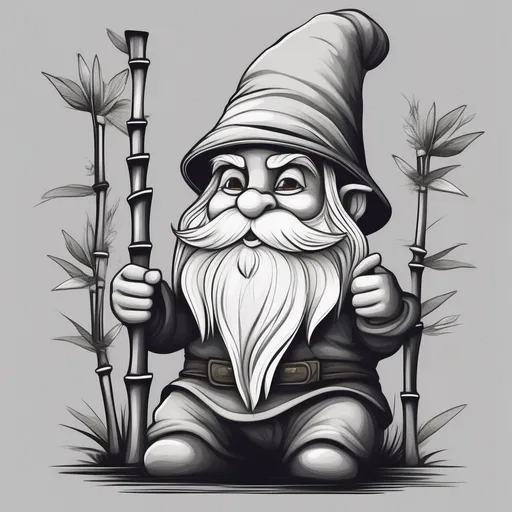 Prompt: Gnome in a bamboo hat, colors are dark grey and black, masterpiece, best quality, in cartoon style